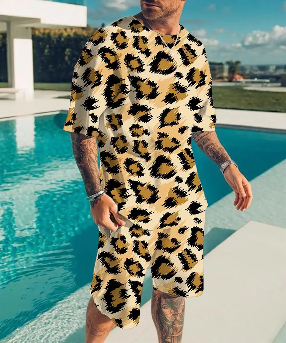 Vyriški Tracksuit Leopard 3D Spausdinimo T-Marškinėliai, Šortai Nustatyti Naujas Vasaros Vyrai Nustatyti, Kostiumas 2 dalių Komplektas Komplektai Vyrų Paplūdimio Stiliaus Streetwear Nuotrauka 1