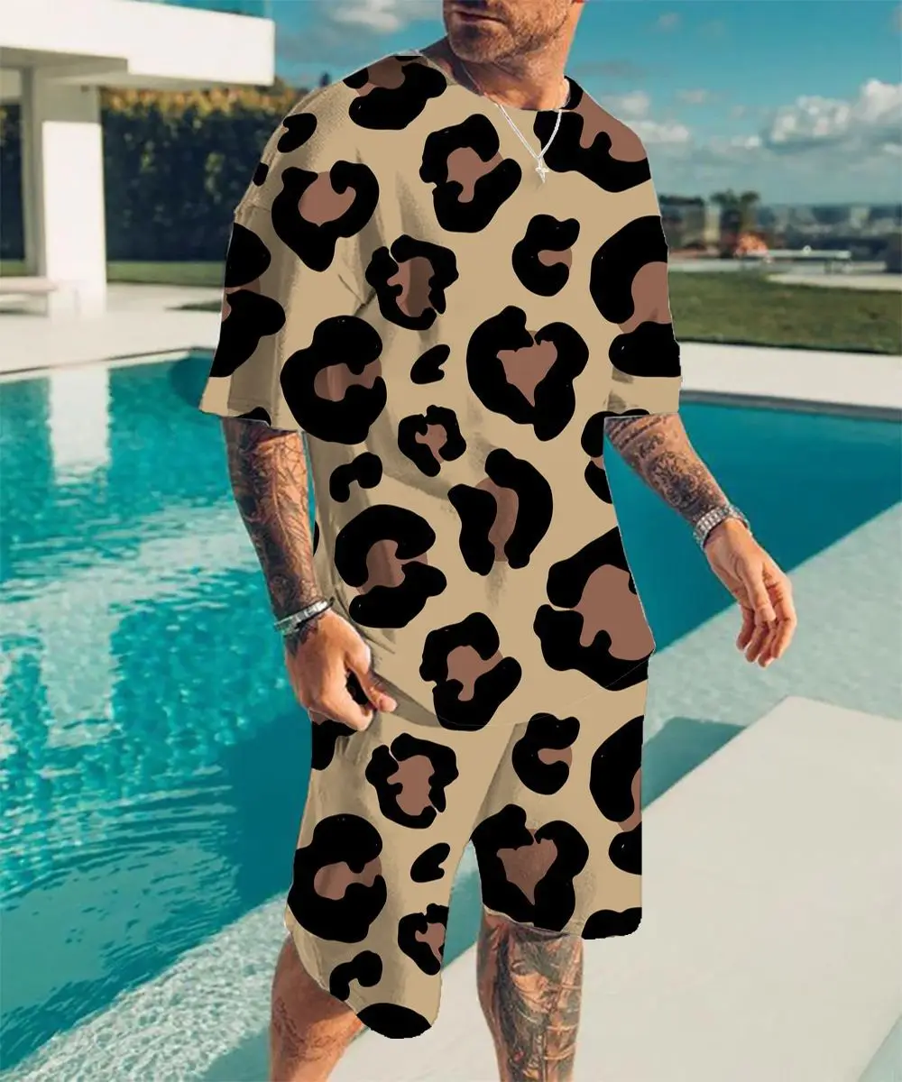 Vyriški Tracksuit Leopard 3D Spausdinimo T-Marškinėliai, Šortai Nustatyti Naujas Vasaros Vyrai Nustatyti, Kostiumas 2 dalių Komplektas Komplektai Vyrų Paplūdimio Stiliaus Streetwear Nuotrauka 3
